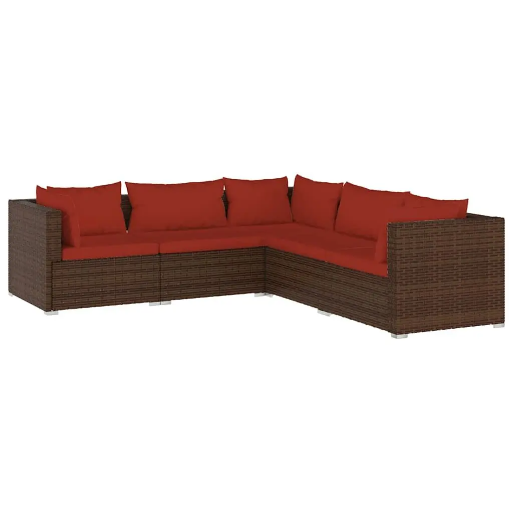 5 Piece Garden Lounge Set PE Rattan Steel Brown