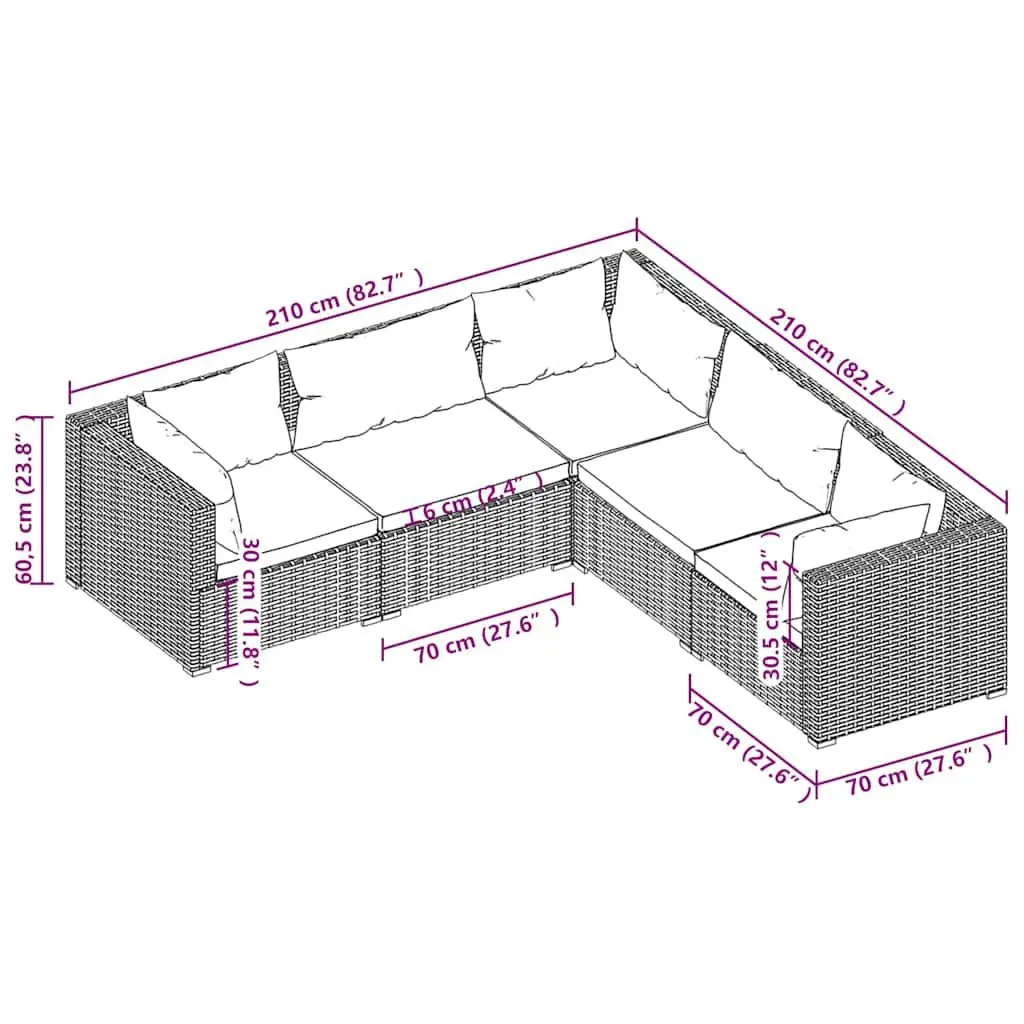 5 Piece Garden Lounge Set PE Rattan Steel Brown
