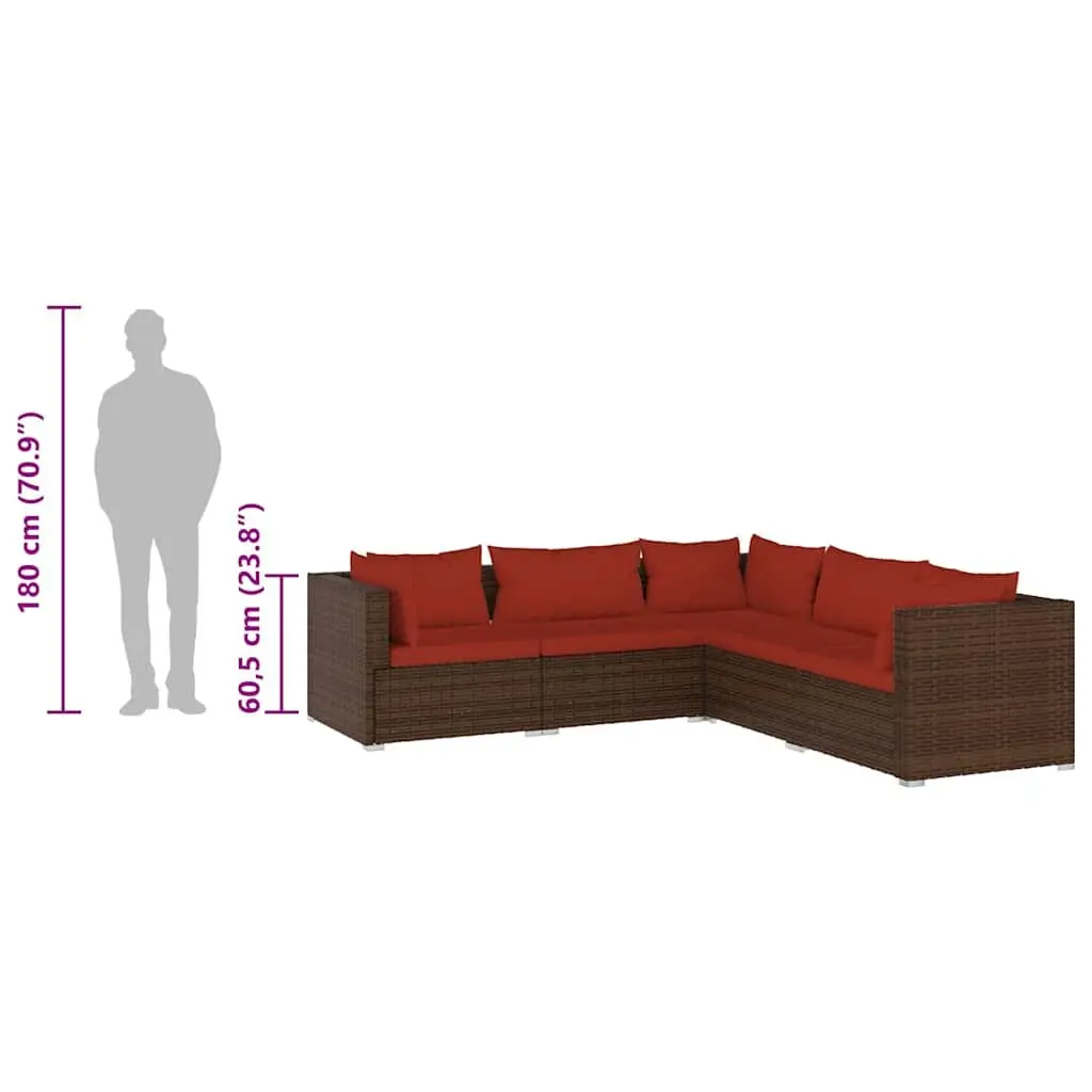 5 Piece Garden Lounge Set PE Rattan Steel Brown
