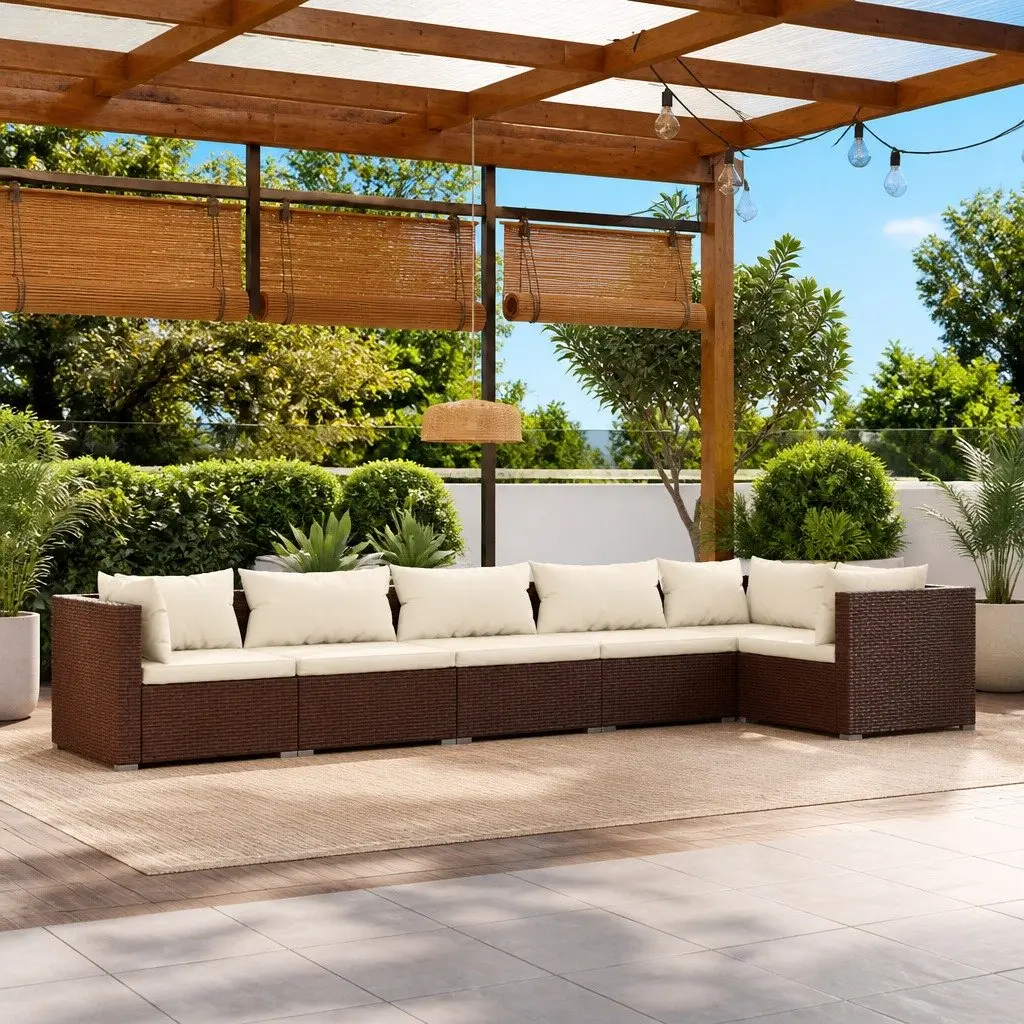 6 Piece Garden Lounge Set Waterproof PE Rattan Steel Frame Brown Modular Outdoor Sofa with Cushions