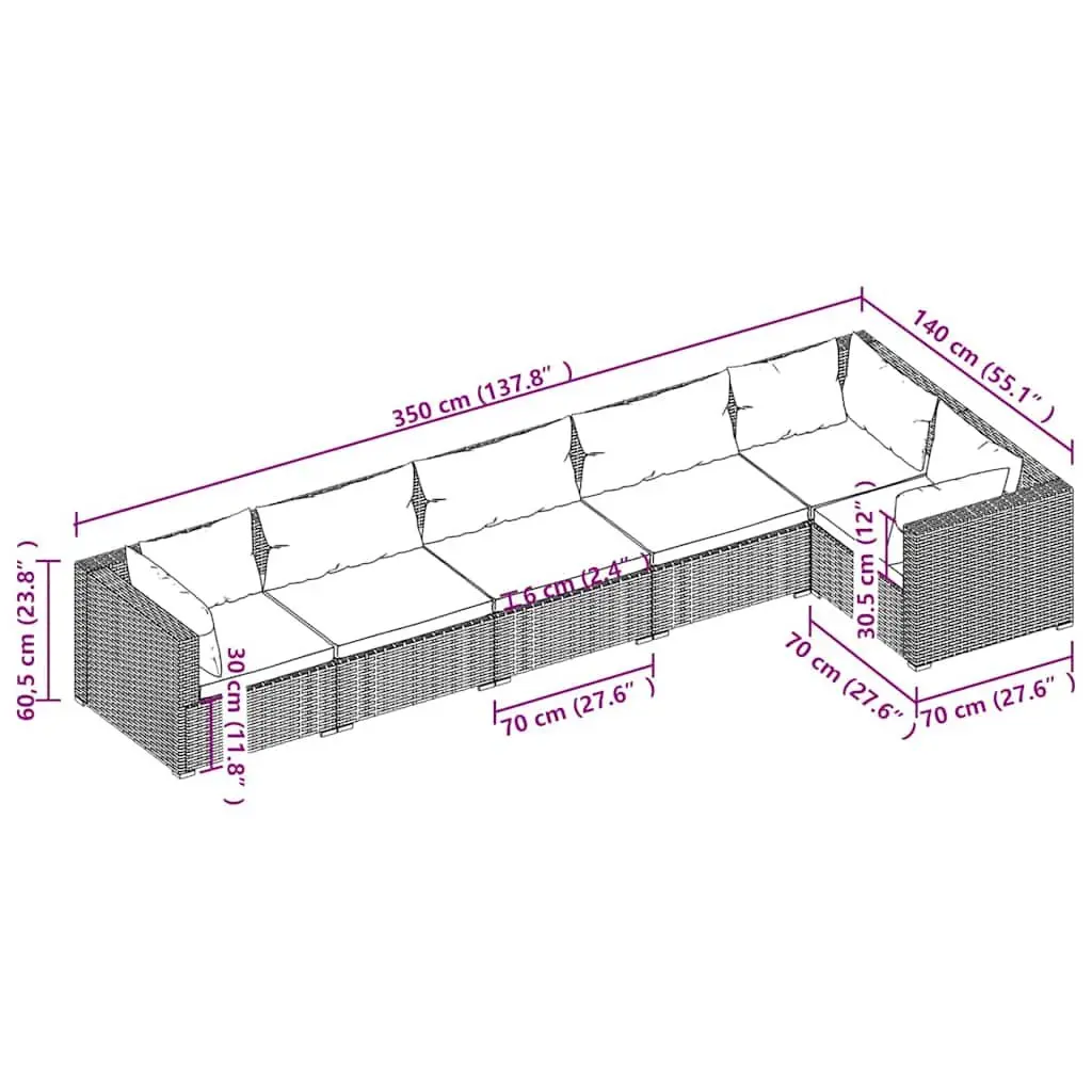 6 Piece Garden Lounge Set Waterproof PE Rattan Steel Frame Brown Modular Outdoor Sofa with Cushions