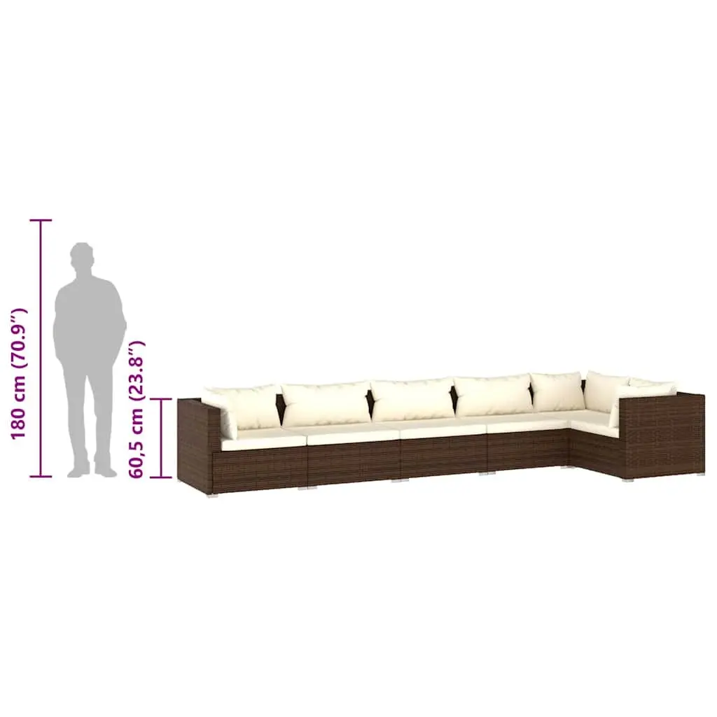 6 Piece Garden Lounge Set Waterproof PE Rattan Steel Frame Brown Modular Outdoor Sofa with Cushions