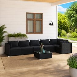 Durable 7 Piece Outdoor Lounge Set with Cushions in Black Rattan