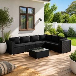 Sturdy 7-Piece Black Rattan Garden Lounge Set