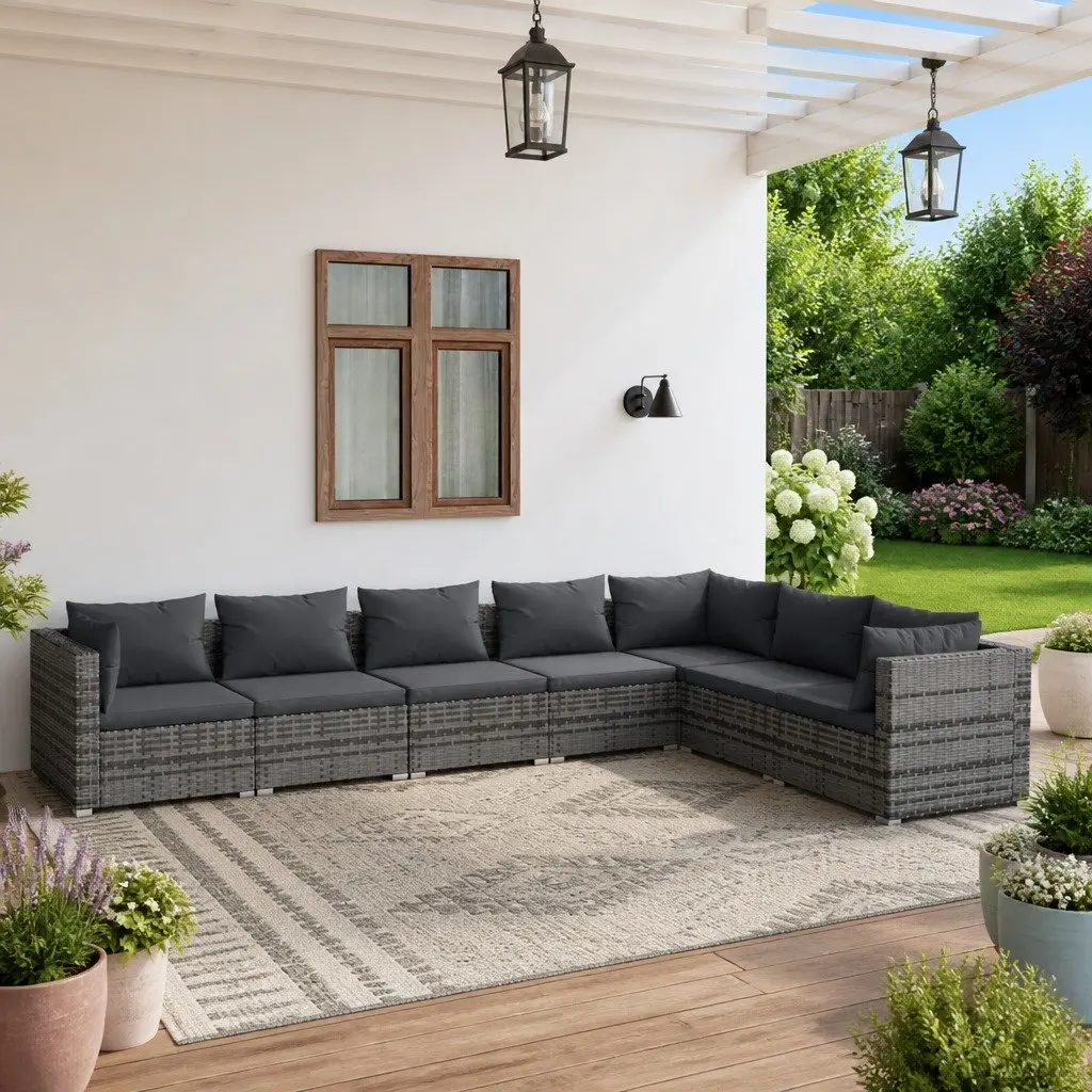 7 Piece Garden Lounge Set Rattan Grey with Cushions