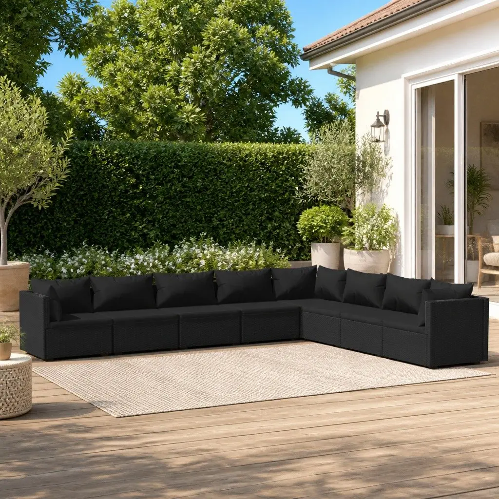 Garden Lounge Set 8 Pieces Steel Poly Rattan Black Patio Sofa with Cushions
