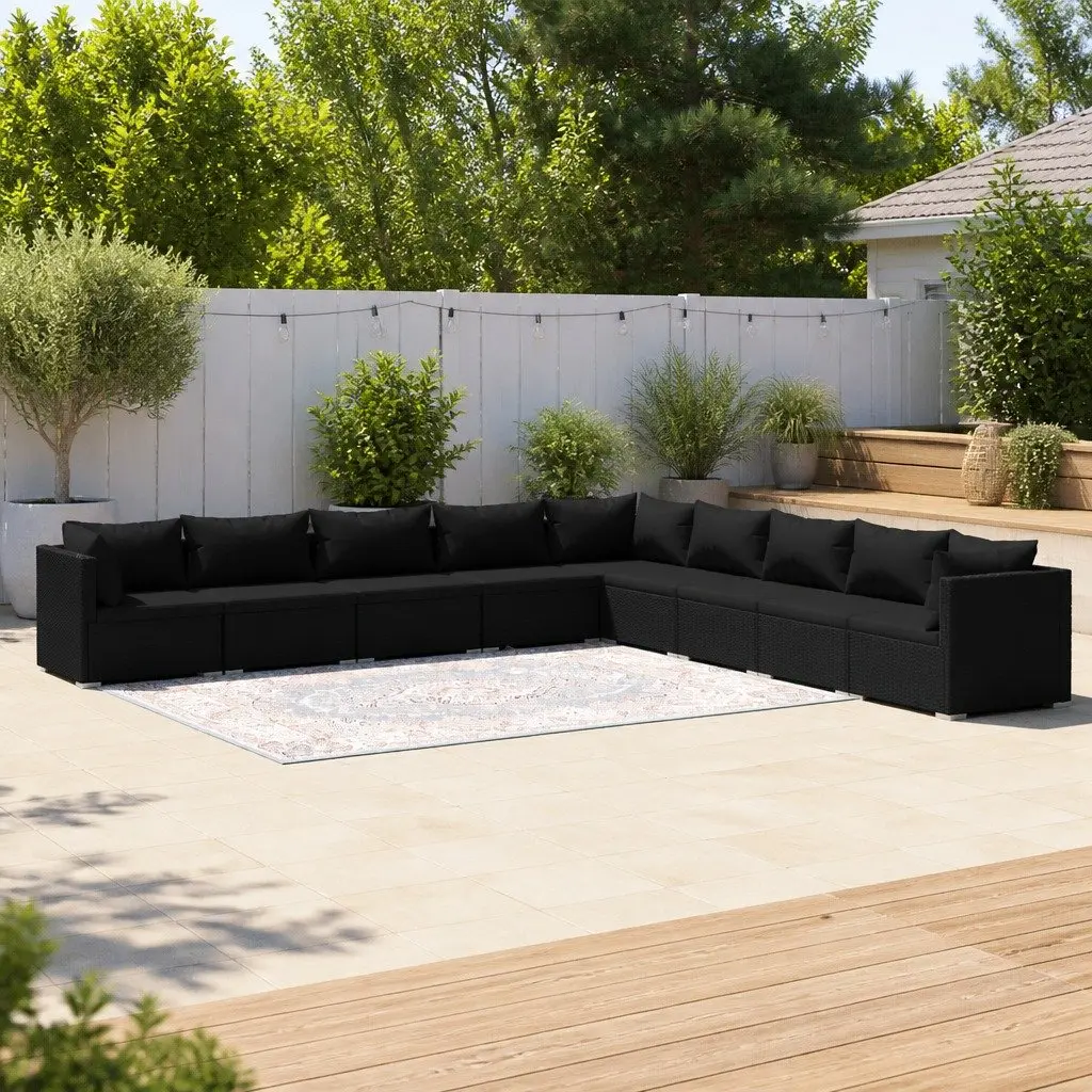 9 Piece Outdoor Garden Lounge Set Black PE Rattan Steel Patio Furniture