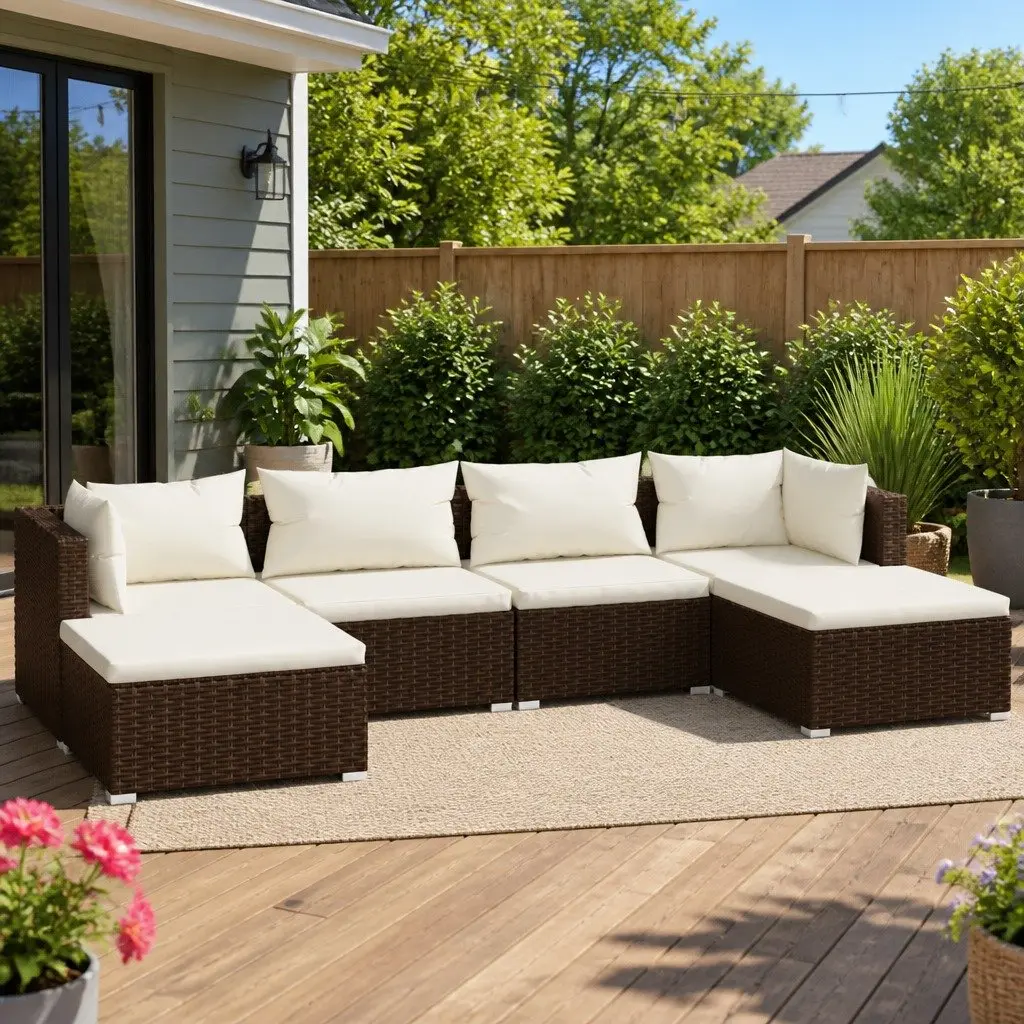 Garden Lounge Set Poly Rattan 6 Piece Outdoor Furniture with Cushions Brown
