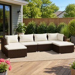High-Quality 6 Piece Brown Poly Rattan Garden Lounge Set