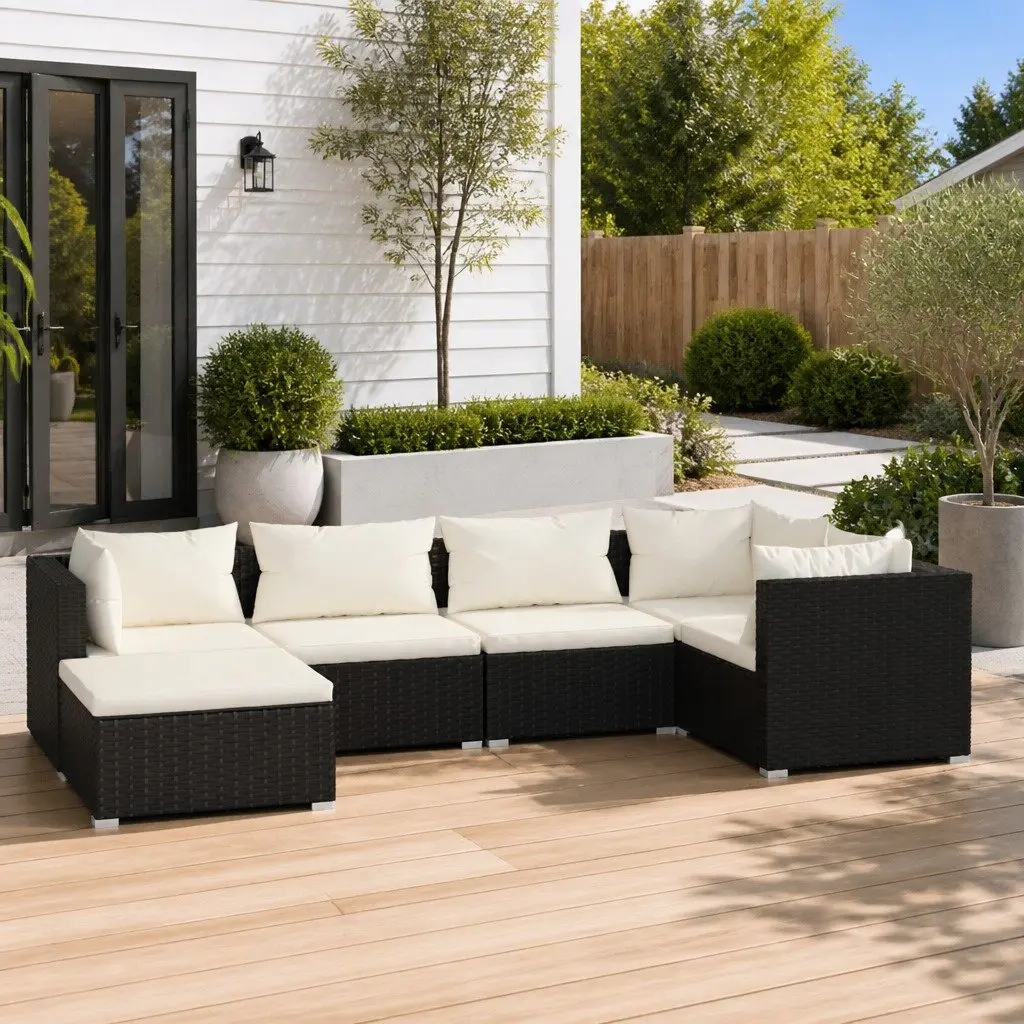 Black 6-Piece Modular Poly Rattan Outdoor Sofa Set