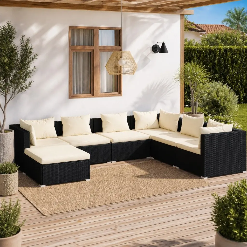 7 Piece Poly Rattan Garden Lounge Set Outdoor Patio Furniture Black
