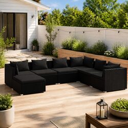 Durable 7 Piece Black Poly Rattan Garden Lounge Set