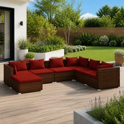 Sturdy 7 Piece Poly Rattan Garden Lounge Set with Cushions