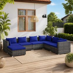 7-Piece Durable Poly Rattan Garden Lounge Set with Cushions