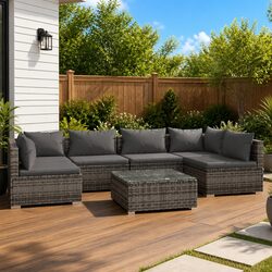 7-Piece Grey Poly Rattan Outdoor Lounge Set with Cushions