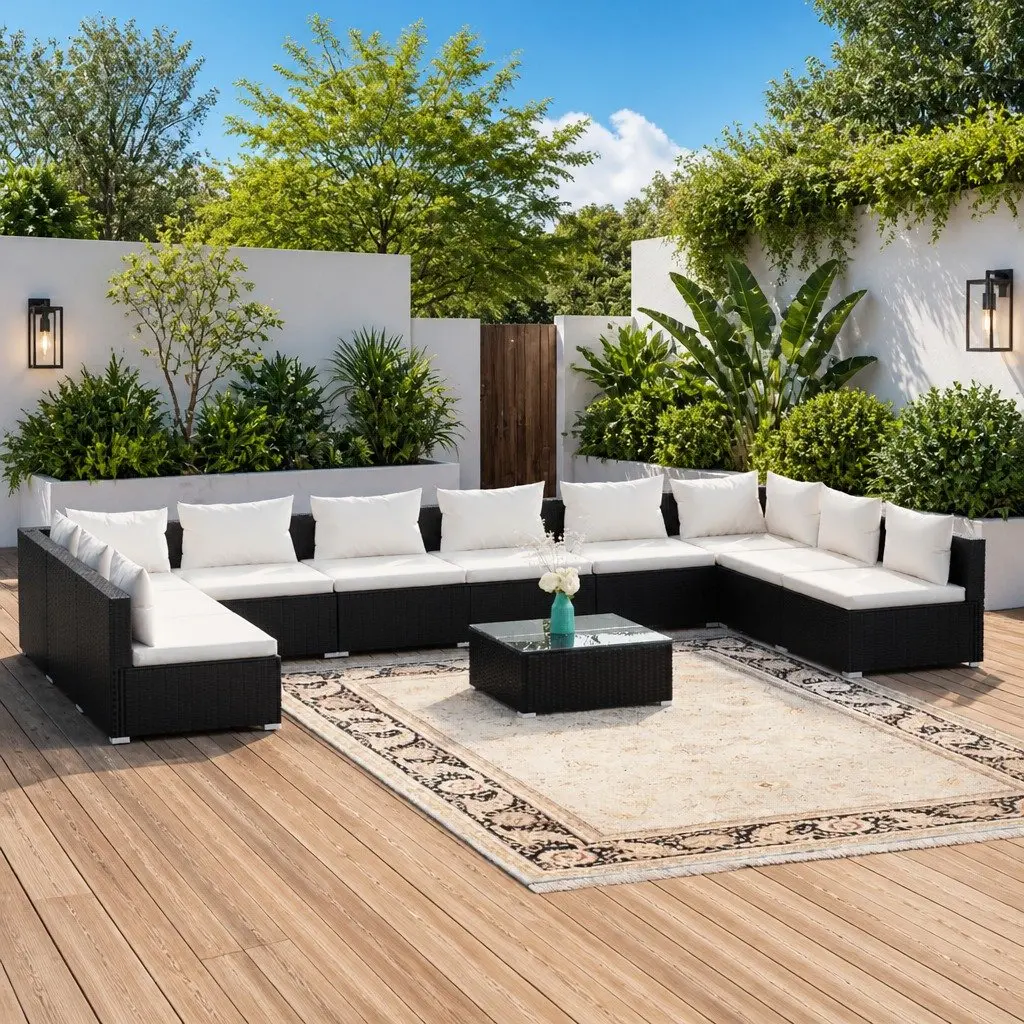 Garden Lounge Set Poly Rattan 11 Piece Outdoor Patio Furniture Black