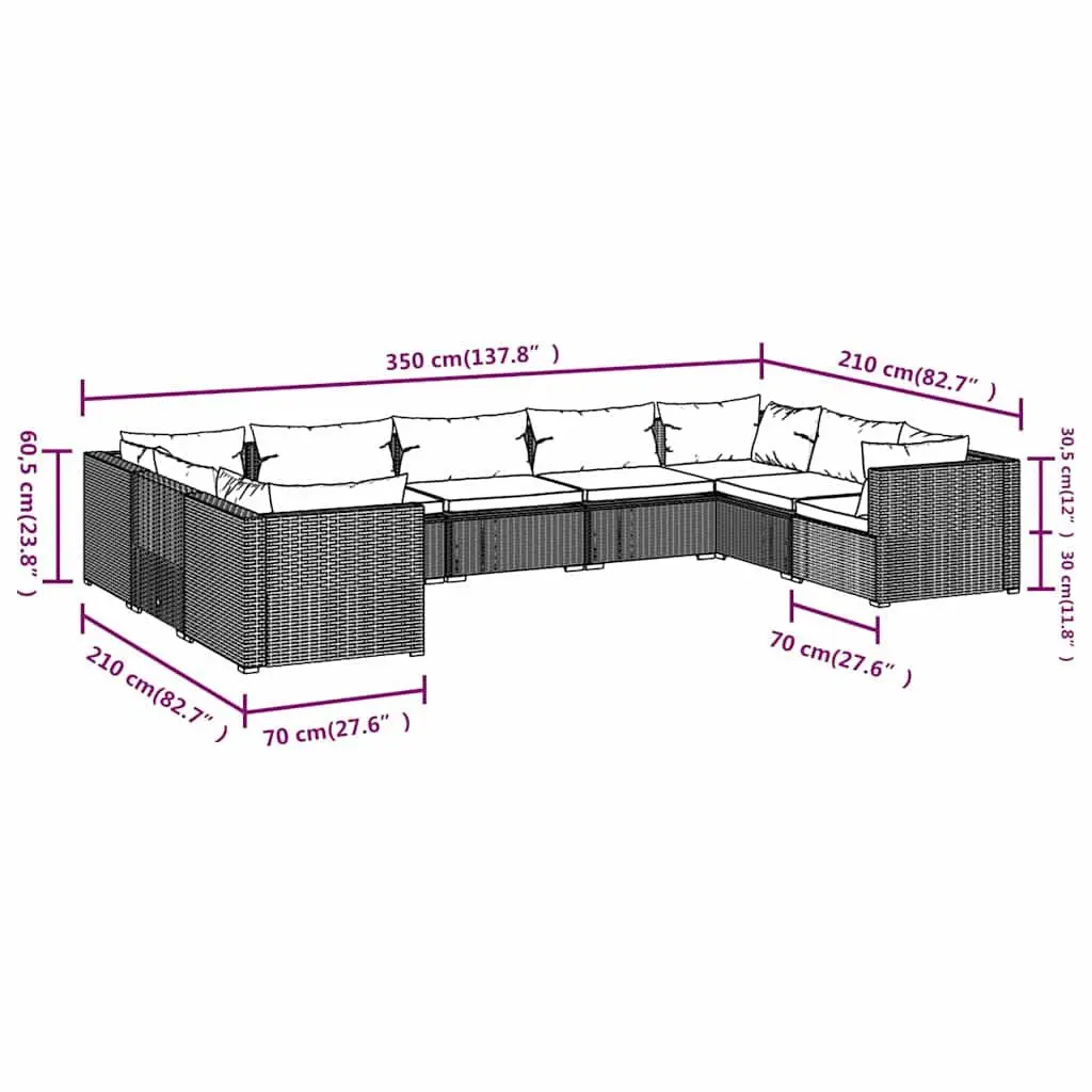 9 Piece Garden Lounge Set PE Rattan Modular Outdoor Furniture with Cushions Brown