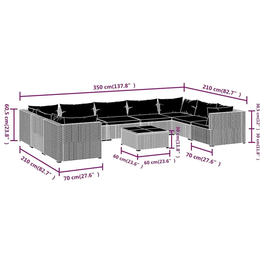 10 Piece Modular Patio Lounge Set PE Rattan Black