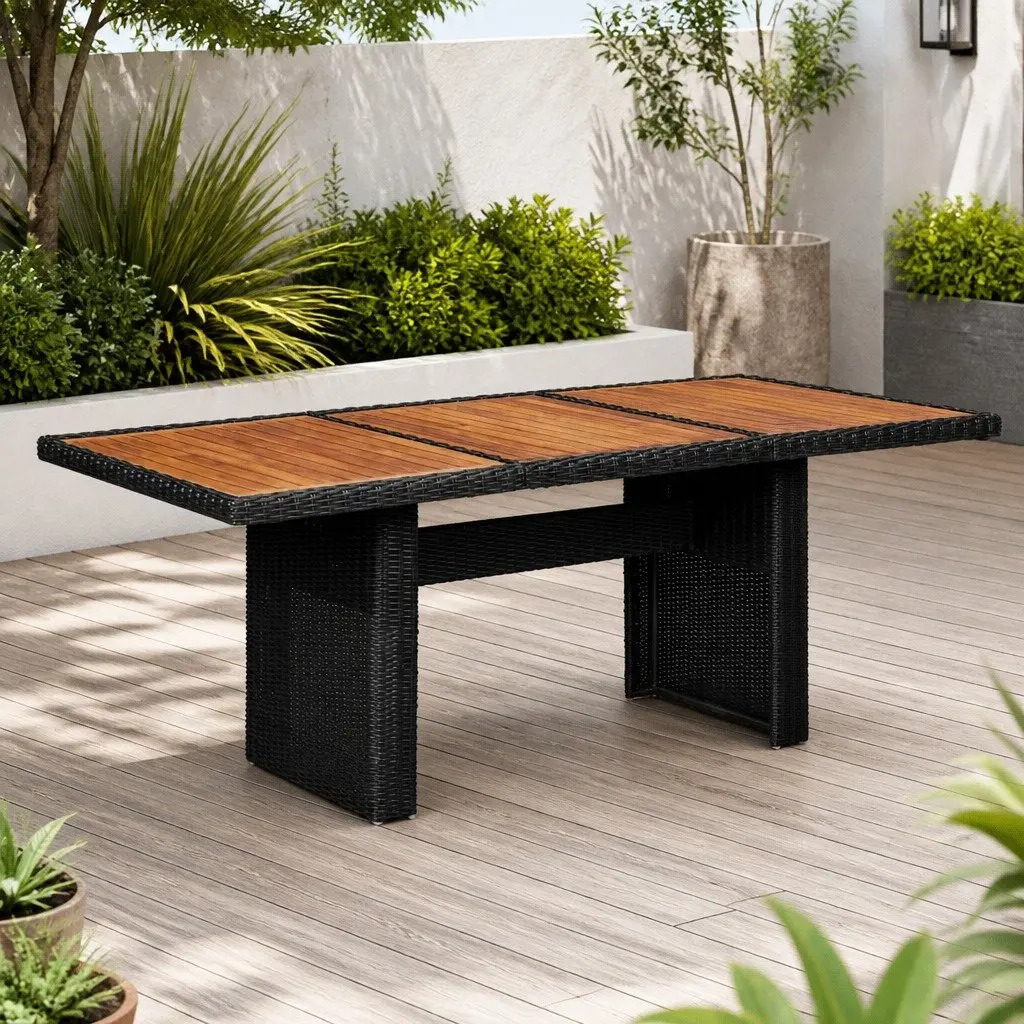 Black Outdoor Dining Table with Acacia and Rattan