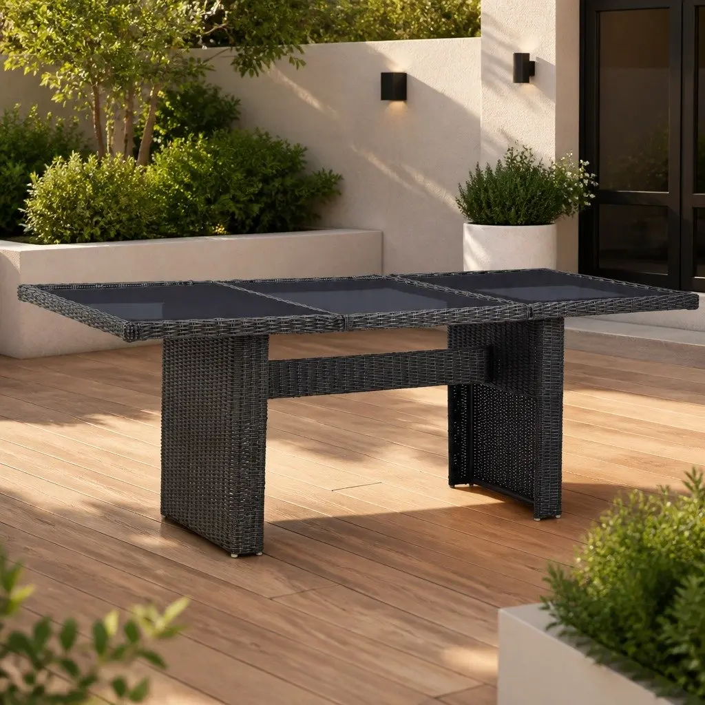 Black Outdoor Dining Table with Glass Top