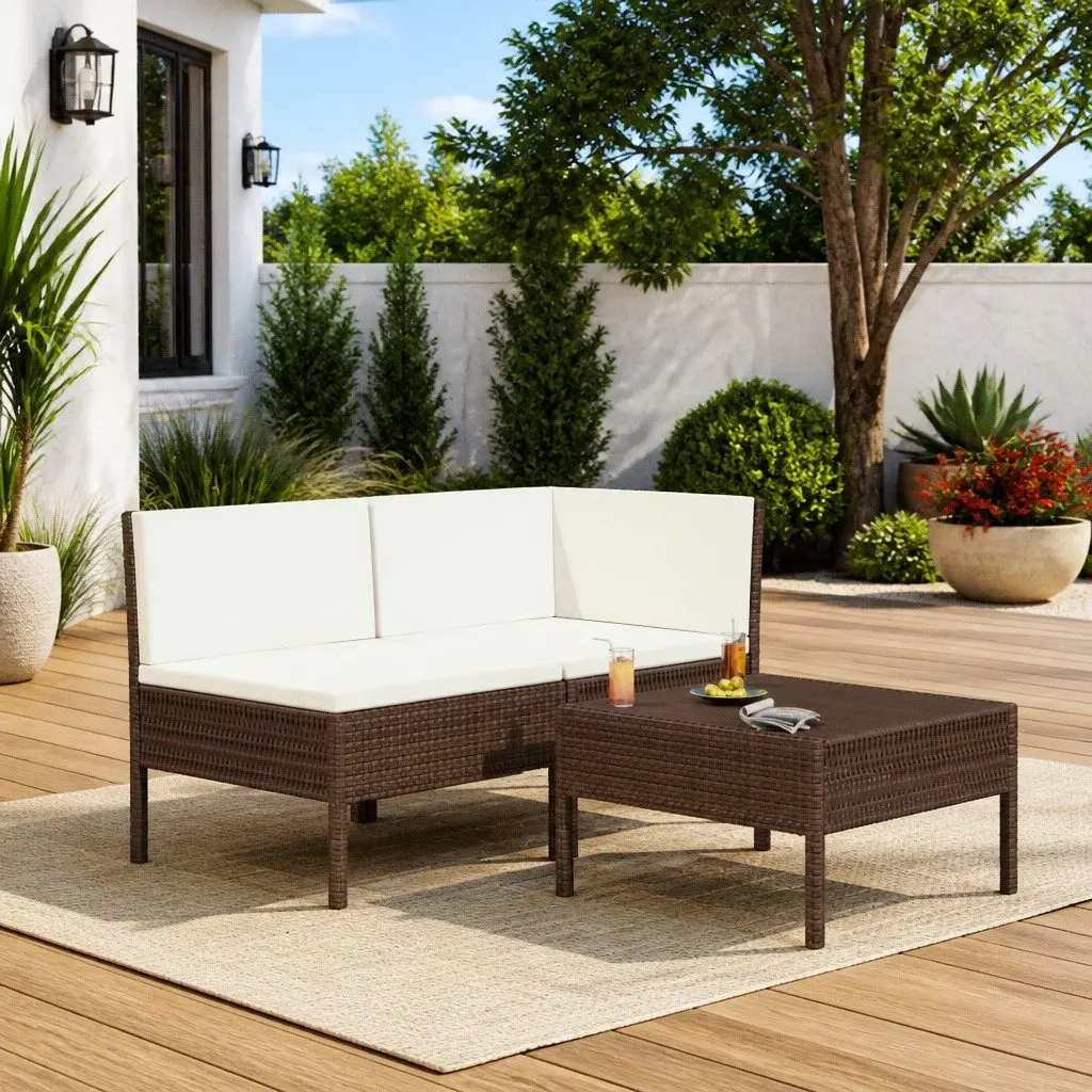 Garden Lounge Set PE Rattan 3 Piece Outdoor Furniture Brown Sofa with Cushions