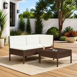 3-Piece Outdoor Brown Poly Rattan Lounge Set with Cushions