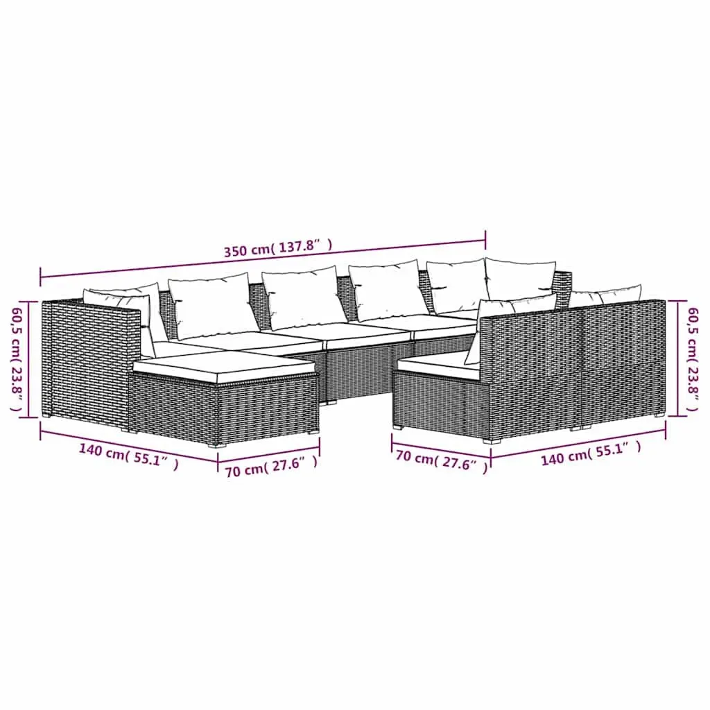 9 Piece Brown PE Rattan Garden Lounge Set