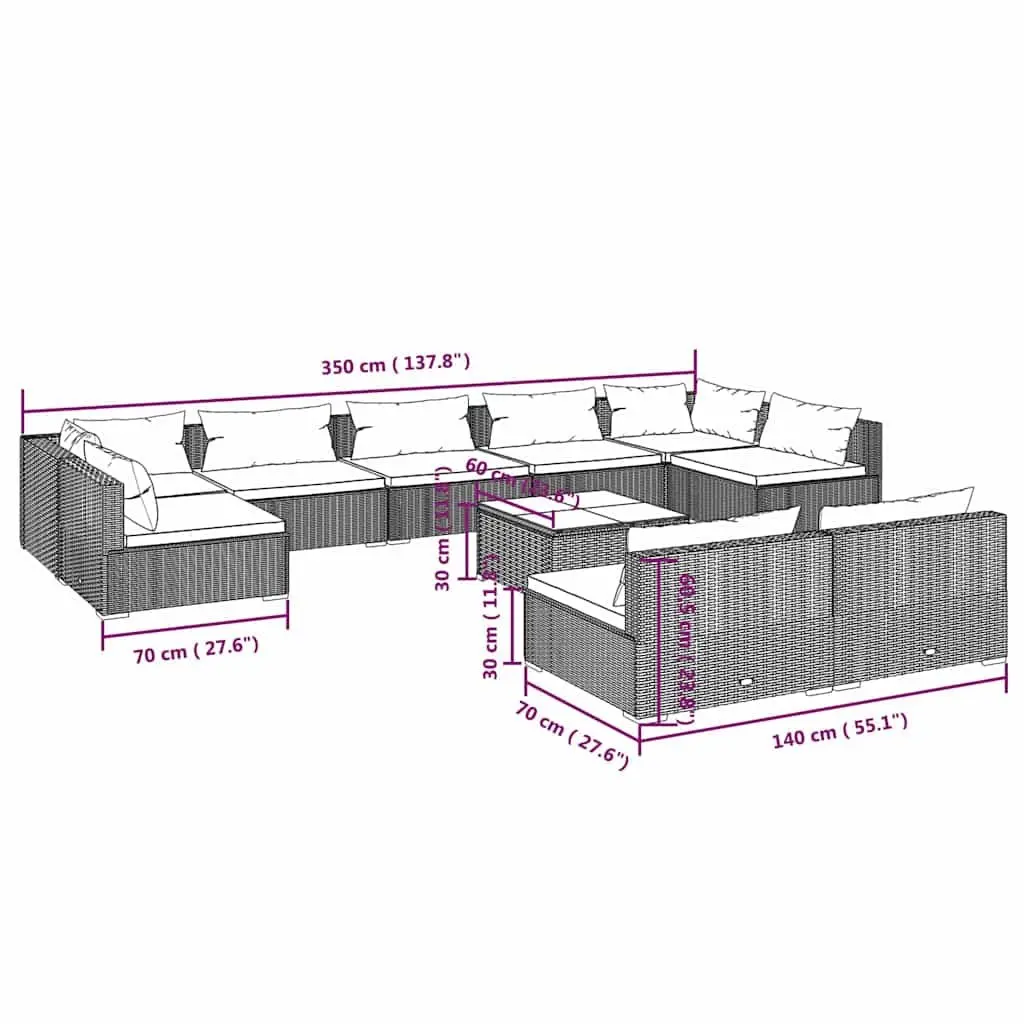 10 Piece Outdoor Lounge Set with Cushions in Brown