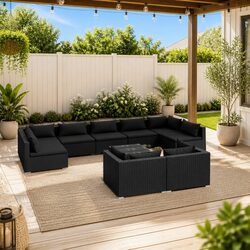 10 Piece Black Poly Rattan Outdoor Lounge Set
