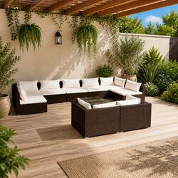 10-Piece Brown Poly Rattan Modular Garden Lounge Set