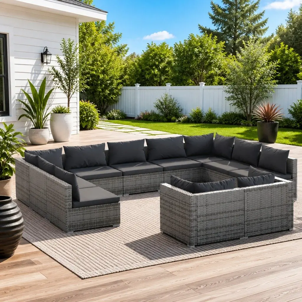 Garden Lounge Set Grey Poly Rattan 11 Piece Outdoor Furniture Modular Sofa