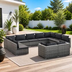 Durable 11-Piece Garden Lounge Set in Grey Rattan