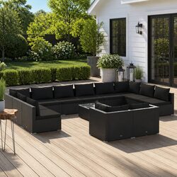 Durable 13 Piece Black PE Rattan Garden Lounge Set