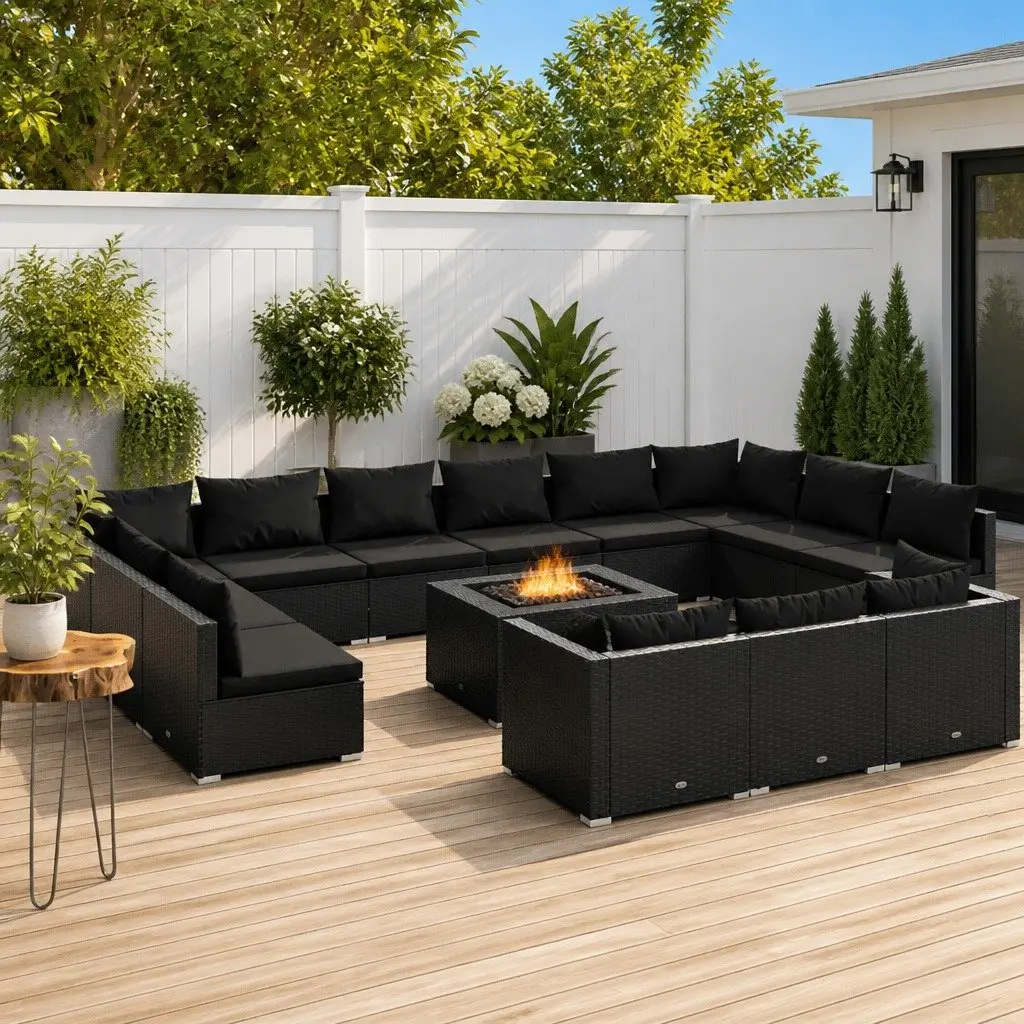 13-Piece Black Poly Rattan Garden Lounge Set