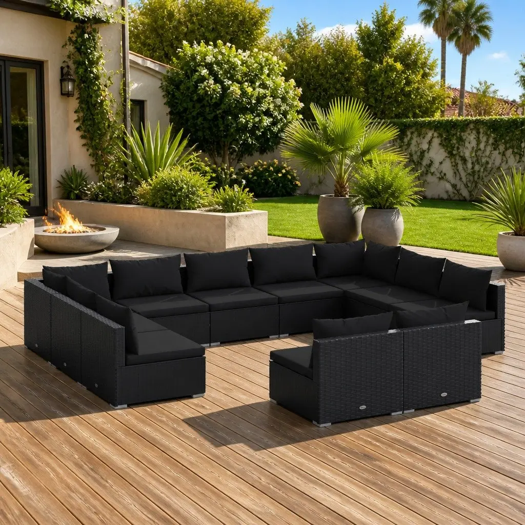 Garden Lounge Set 11 Piece Black Poly Rattan Outdoor Furniture Modular Patio