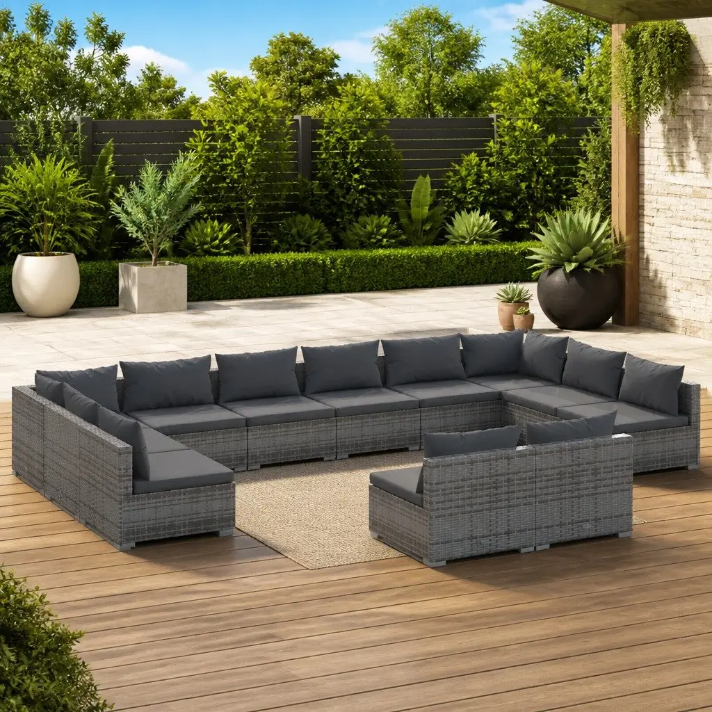 12 Piece Garden Lounge Set PE Rattan Steel Frame Grey Outdoor Furniture with Cushions