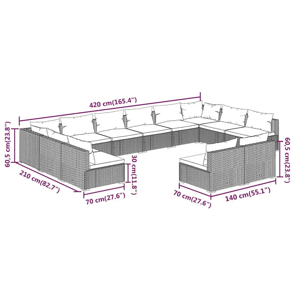12 Piece Garden Lounge Set PE Rattan Steel Frame Grey Outdoor Furniture with Cushions