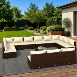 Durable 14 Piece Modular Brown Poly Rattan Garden Lounge Set