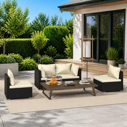 4-Piece Black Poly Rattan Garden Lounge Set