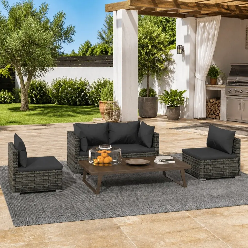 Garden Lounge Set Poly Rattan Grey 4 Piece Outdoor Patio Furniture