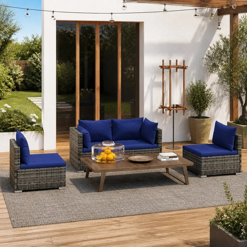 Garden Lounge Set PE Rattan 4 Piece Outdoor Patio Furniture Grey