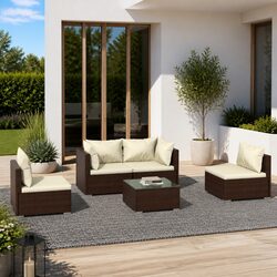 5-Piece Outdoor Garden Lounge Set in Brown Rattan