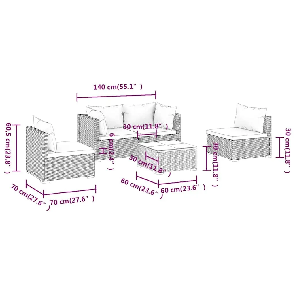 5-Piece Outdoor Garden Lounge Set in Brown Rattan