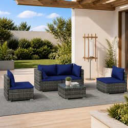 5-Piece Grey PE Rattan Patio Lounge Set with Cushions
