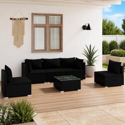 Durable 6 Piece Black Poly Rattan Garden Lounge Set