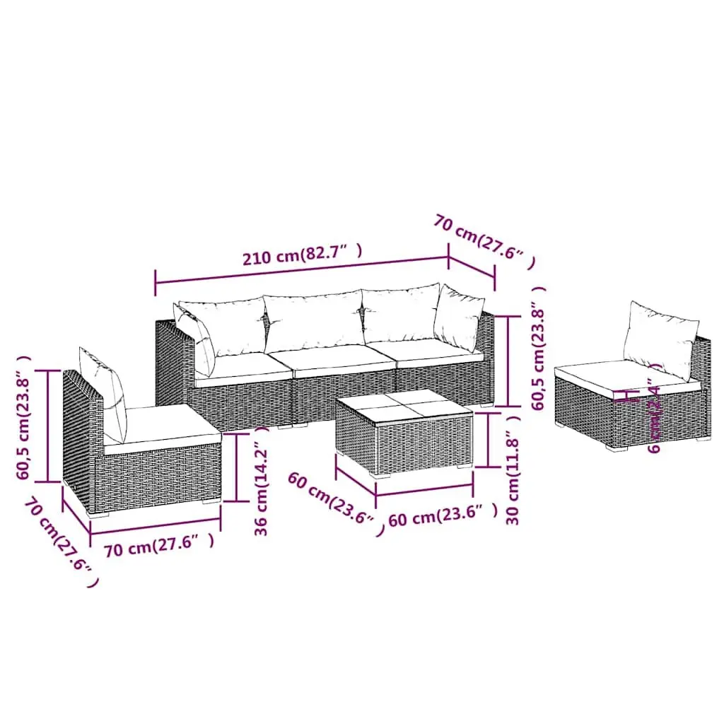 Garden Lounge Set PE Rattan 6 Piece Outdoor Patio Furniture Black