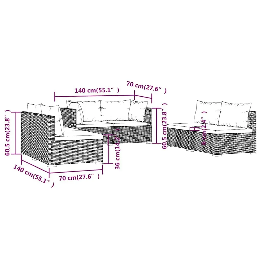 Garden Lounge Set 6 Piece Outdoor Patio Furniture Black Modular Rattan Sofa