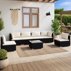 7 Piece Black Rattan Garden Lounge Set with Cushions