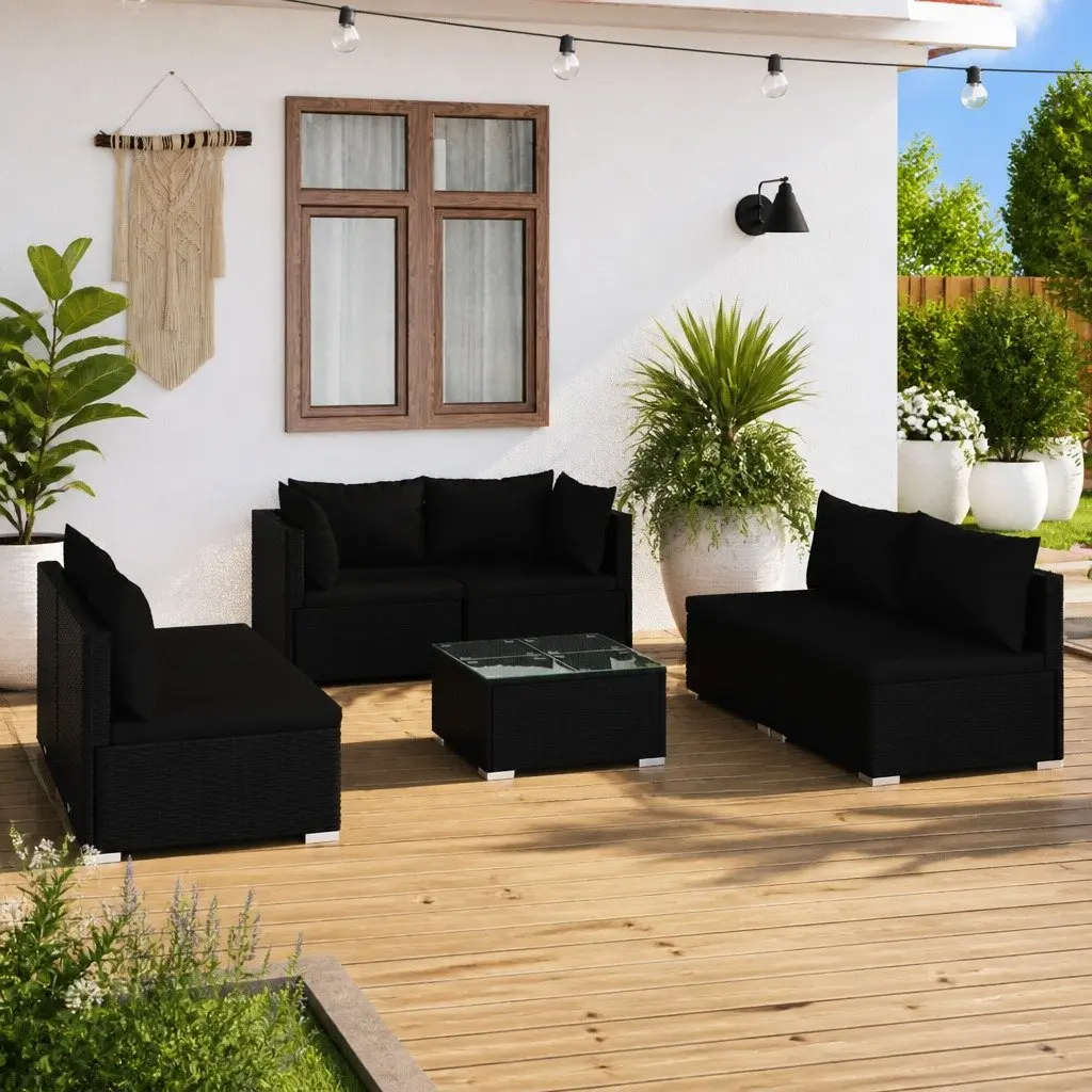 Garden Lounge Set PE Rattan 7 Piece Outdoor Patio Furniture Black with Cushions