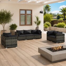 7-Piece Grey Rattan Garden Lounge Set with Cushions